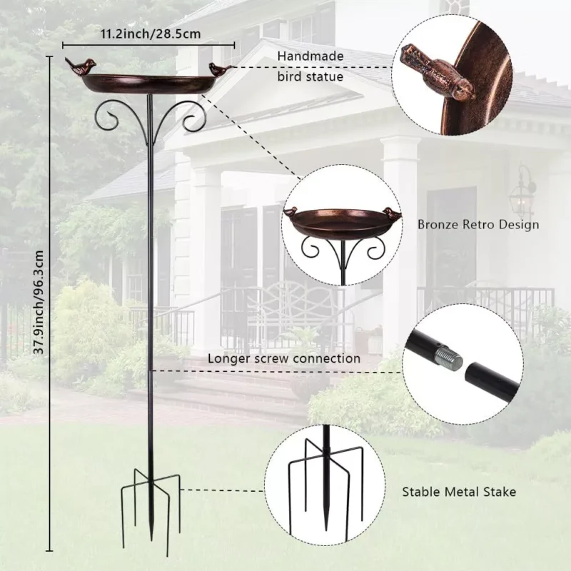 Outdoor Garden Bird Bath Metal Bird Baths Cast Iron Birdbath with Metal Stake Ta - Image 3